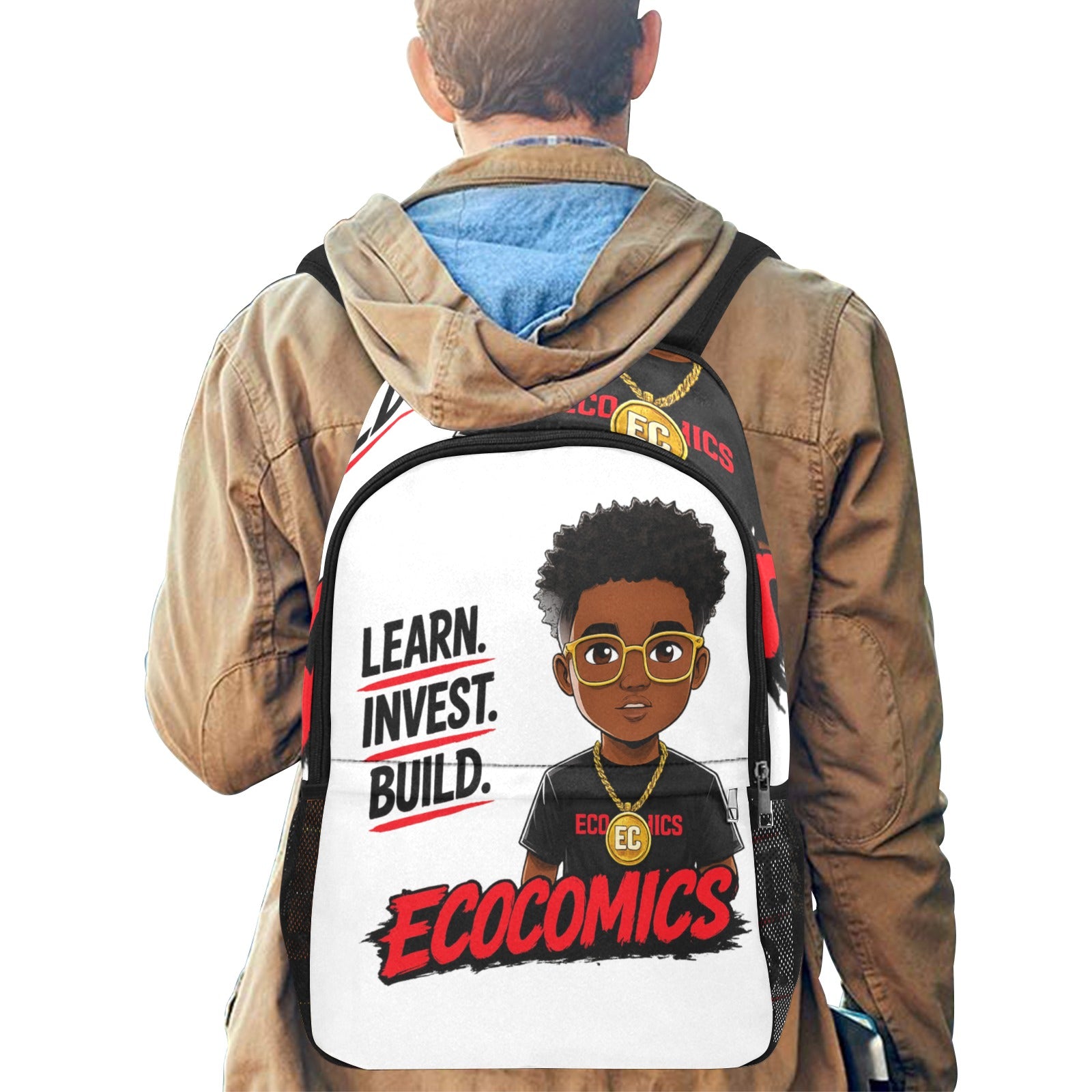 Ecocomics Learn Invest Build Fabric Backpack with Side Mesh Pockets