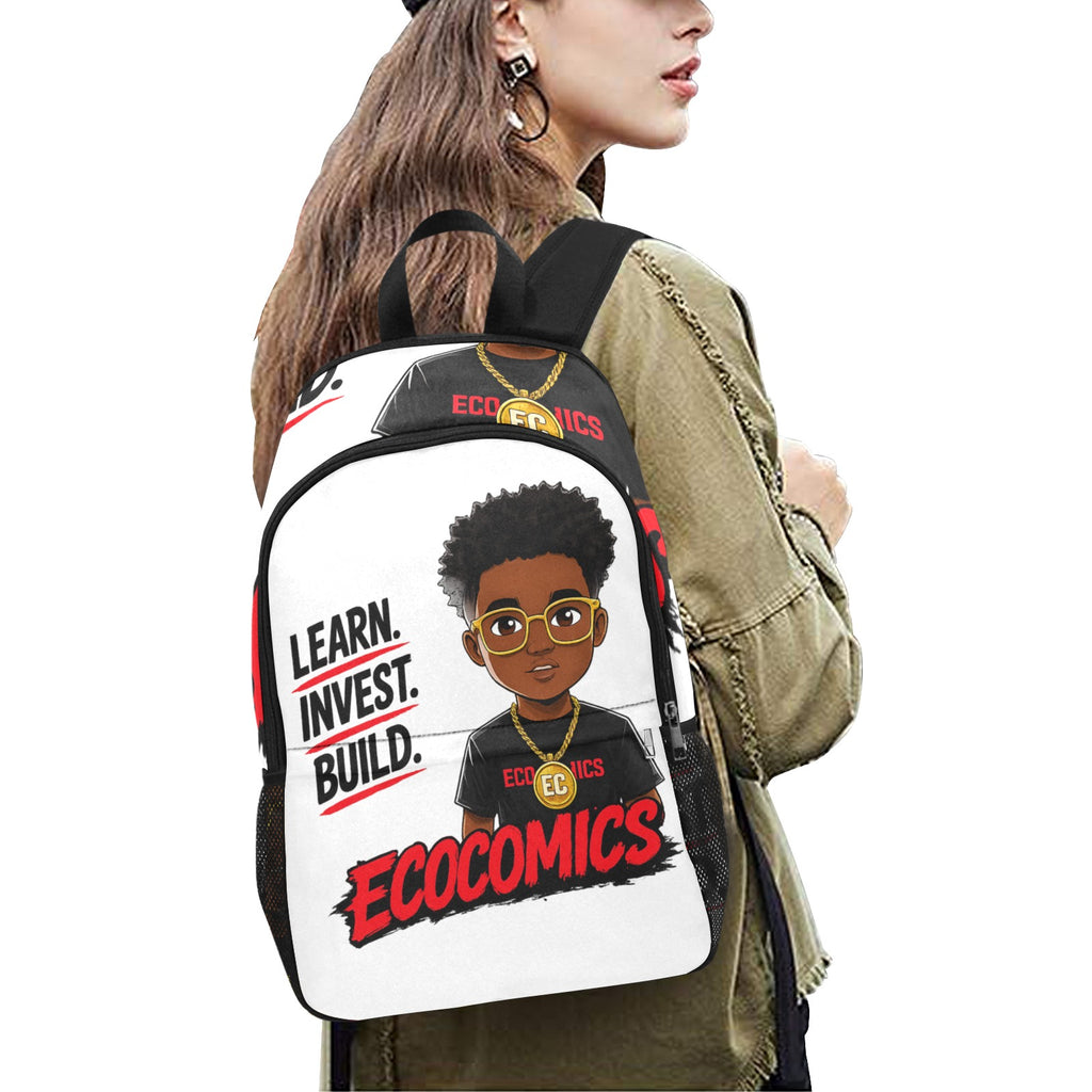 Ecocomics Learn Invest Build Fabric Backpack with Side Mesh Pockets