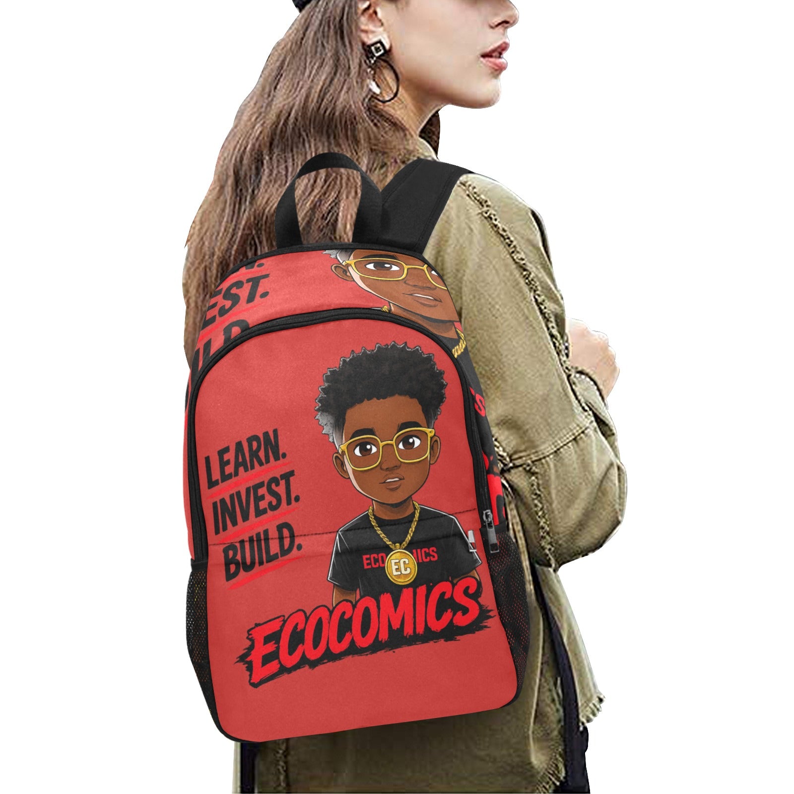 Ecocomics Red Backpack Fabric Backpack with Side Mesh Pockets