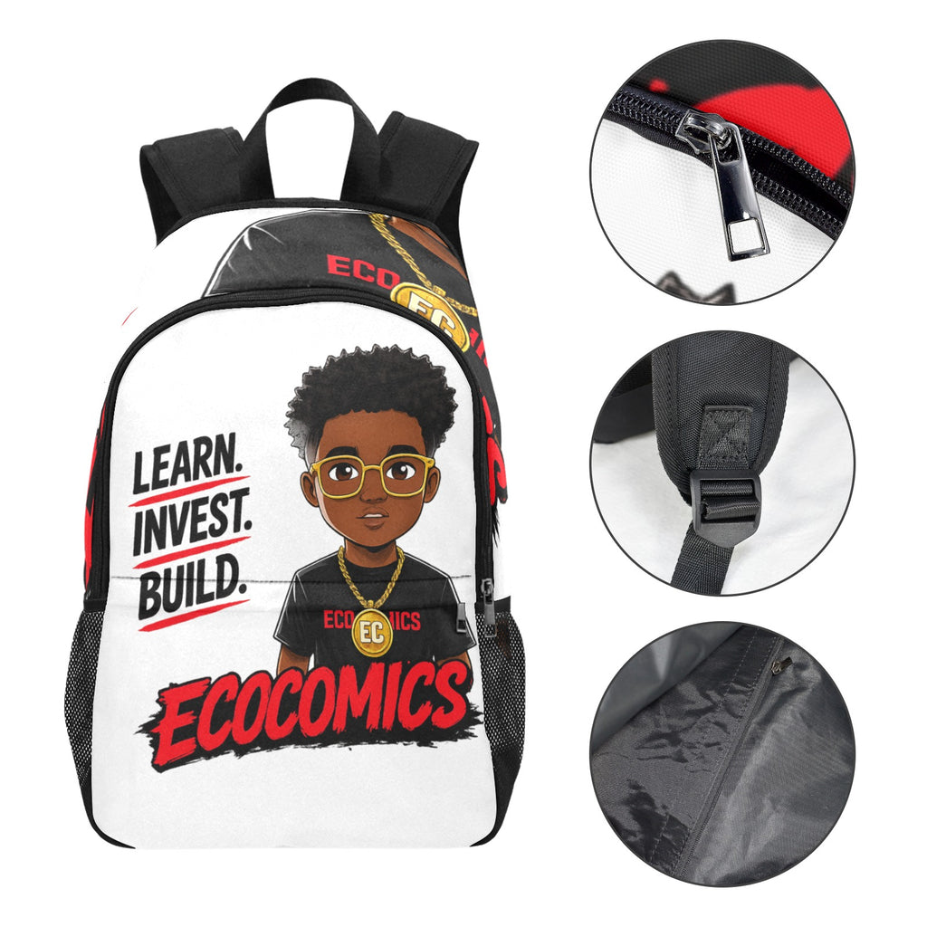 Ecocomics Learn Invest Build Fabric Backpack with Side Mesh Pockets