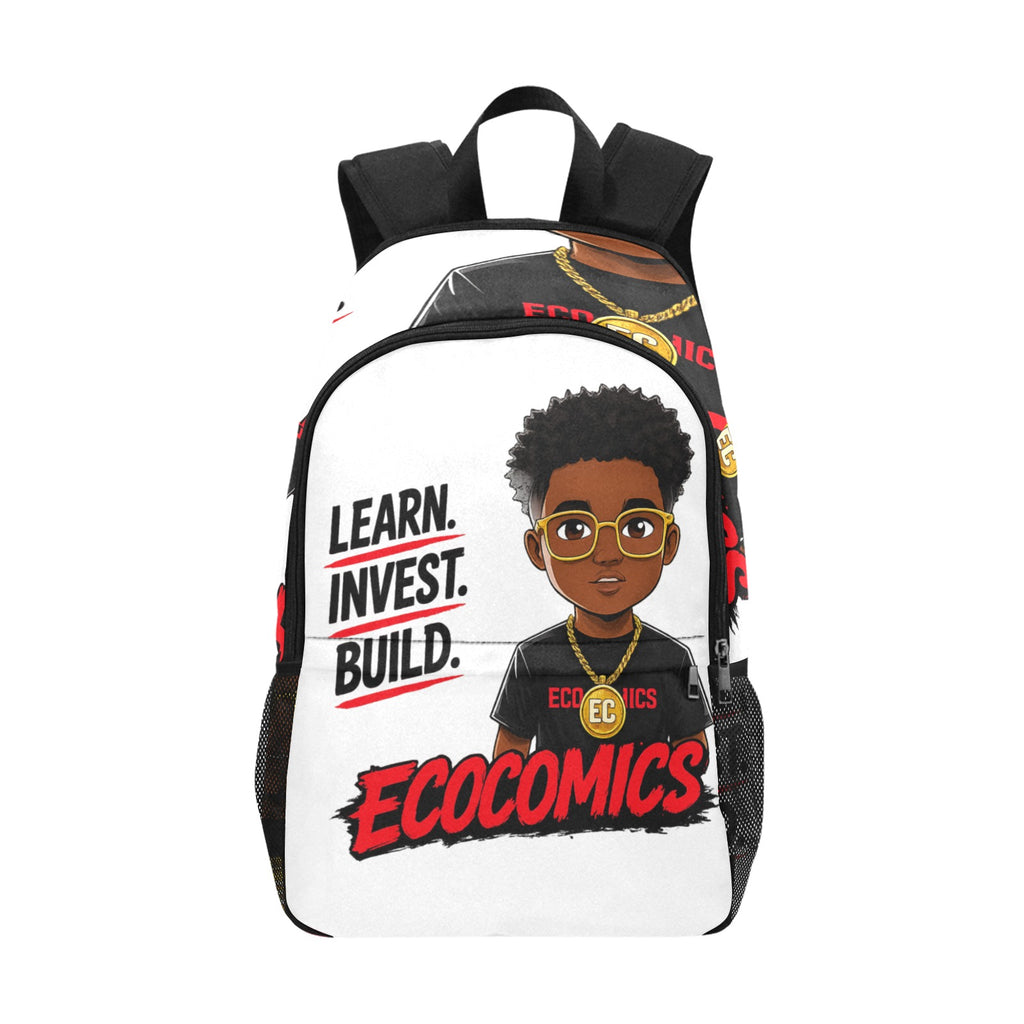 Ecocomics Learn Invest Build Fabric Backpack with Side Mesh Pockets