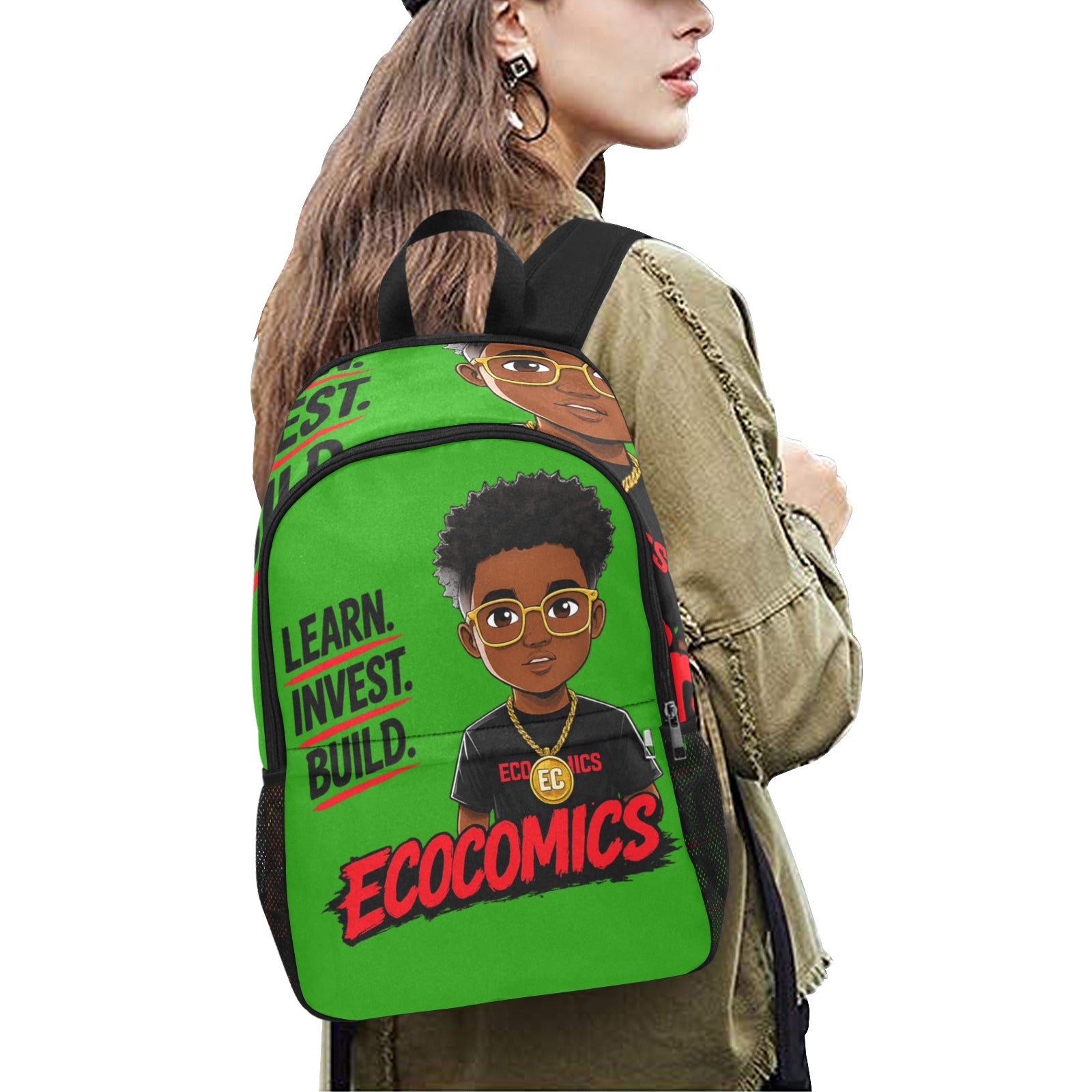 Ecocomics Green Backpack Fabric Backpack with Side Mesh Pockets